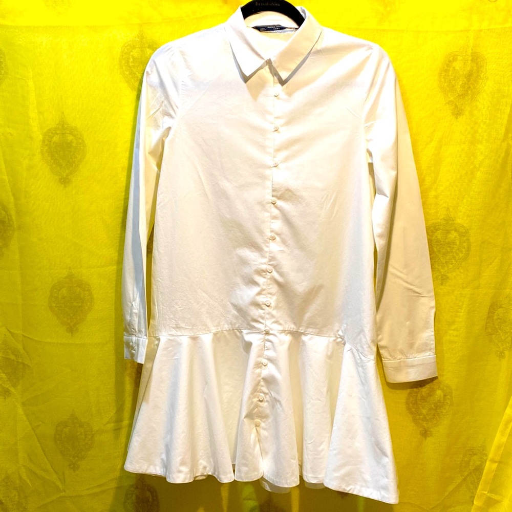 ZARA TRAFALUC WHITE COTTON PEPLUM SHIRT/DRESS SZ  XS